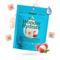 A blue bag of Plant People WonderHydrate Elecountrolyte Gummies sits among gummies, lychee fruit, a water droplet, and pink salt, showcasing its ingredients and flavors. The packaging highlights it as vegan, gluten-free, and zero sugar.