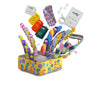 The Welly First Aid Kit features a colorful tin with smiley faces, filled with vibrant flex fabric bandages, neatly organized ointments, wipes, gauze pads, and tape for a cheerful and fun vibe.