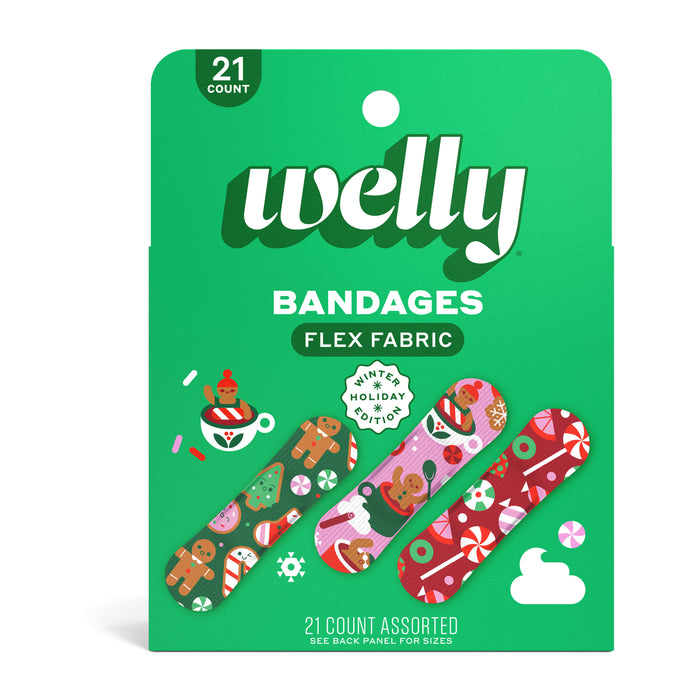 Green package of Welly Flex Fabric Bandages - Holiday Stocking Stuffer with 21 assorted, kid-friendly bandages in festive gingerbread, cocoa, and candy cane patterns—perfect for holiday gifting!.