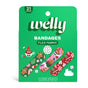 Green package of Welly Flex Fabric Bandages - Holiday Stocking Stuffer with 21 assorted, kid-friendly bandages in festive gingerbread, cocoa, and candy cane patterns—perfect for holiday gifting!.