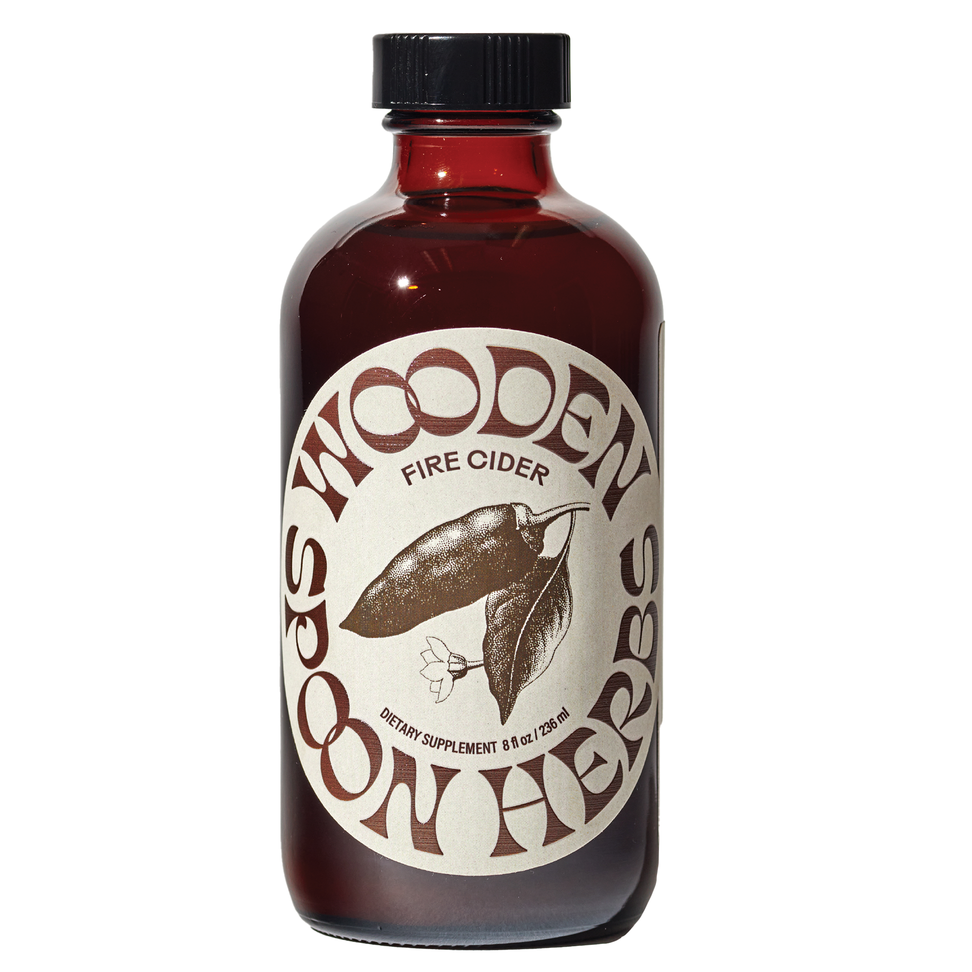 A brown glass bottle labeled “Wooden Spoon Herbs Fire Cider Wellness Tonic,” with a chili pepper illustration and text noting it is an apple cider vinegar tonic dietary supplement, 8 fl oz (236 ml).