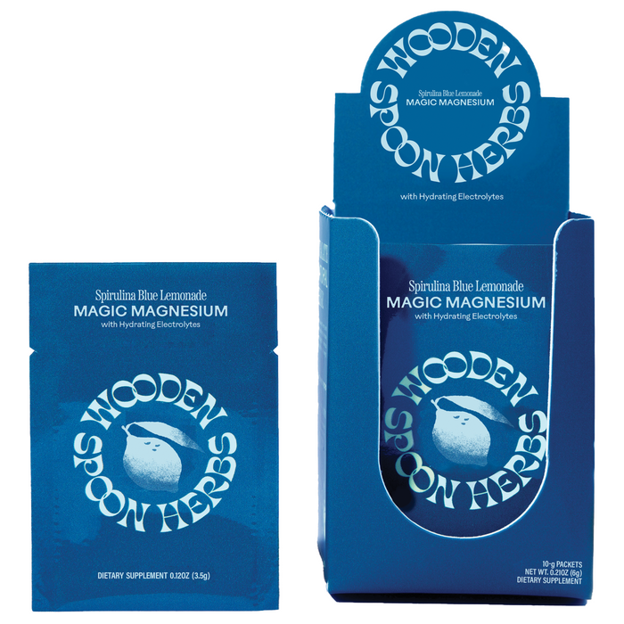 Two blue boxes of Wooden Spoon Herbs Magic Magnesium Citrate Sachets, featuring a white bird logo and electrolytes for gut health. One box is open, revealing individual sachets inside.