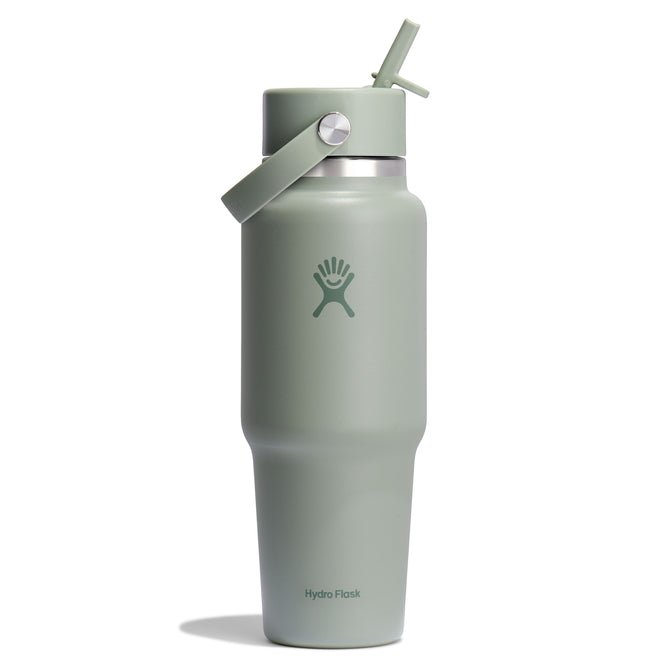 A Hydro Flask Wide Mouth Travel Bottle, 32 oz, in sage green with a Flex Straw Cap and handle, features the brand logo and a sleek matte finish—ideal for on-the-go hydration.