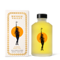 A yellow bottle of Wonder Valley Hinoki Body Oil with a black cap stands by its box. Both show a woman with a branch, an orange circle behind her, and decorative borders. Text: 