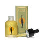 A frosted glass bottle and dropper of Wonder Valley Rosemary Hair Oil, designed to add shine and reduce split ends, sits next to its green and gold packaging featuring artwork of a woman with a branch against an orange circle.