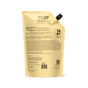 A beige refill pouch of Wonder Valley Refill Sandalwood Yuzu Conditioner with a black cap, featuring its nourishing formula, directions, ingredients, usage and recycling symbols on the front.