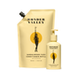 A yellow refill pouch and pump bottle of Wonder Valley Refill Sandalwood Yuzu Conditioner, both adorned with minimalist art of a woman holding a branch, are shown on a plain background, emphasizing the nourishing formula.