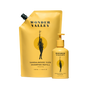 Two yellow Wonder Valley Refill Sandalwood Yuzu Shampoo pouches and a pump bottle, both featuring a black illustration of a woman holding a leafy branch, for healthy, lustrous hair.