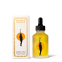 A bottle of Wonder Valley Wonder Serum with a black dropper cap sits by its box, both featuring a woman holding a branch before an orange circle, highlighting bioactive peptides and hyaluronic acid.