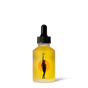 A frosted glass dropper bottle of Wonder Valley's Wonder Serum, filled with yellow serum and featuring an illustration of a woman with an arm raised before an orange circle on a plain white background.