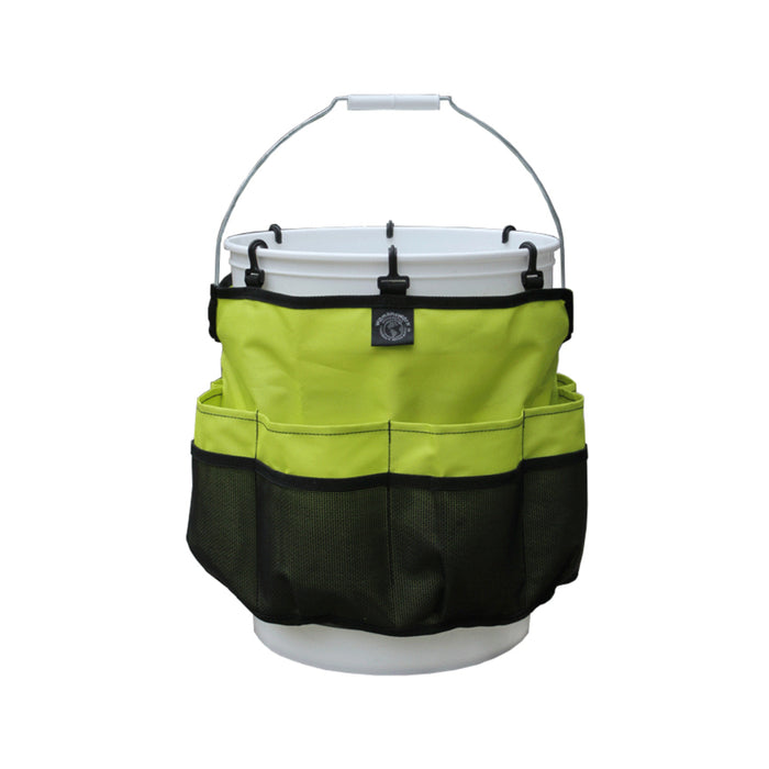 The Womanswork Gardening Organizing Bucket Caddy features a white bucket with a green and black fabric organizer. Perfect for gardening tools, it includes multiple pockets and a sturdy white handle, making it ideal for keeping essentials within reach against a plain white background.