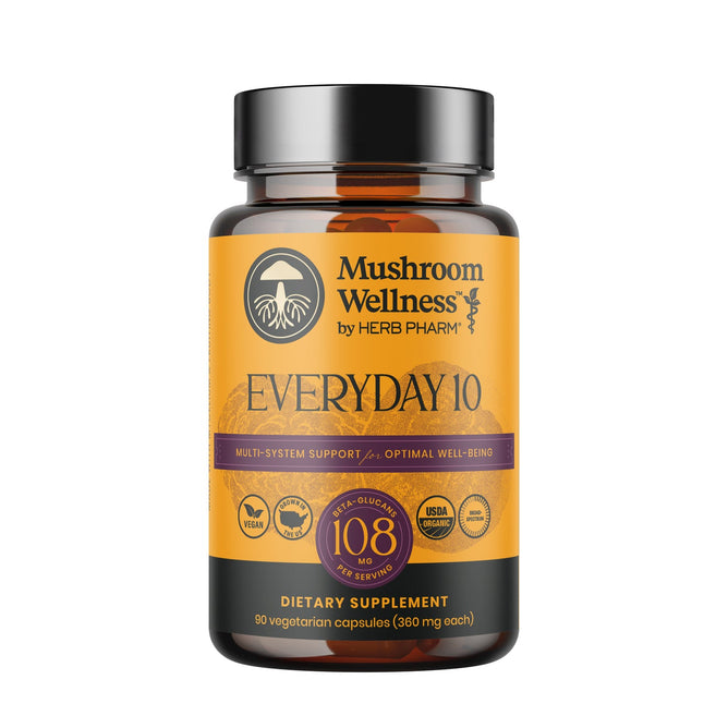 Herb Pharm Mushroom Wellness Everyday Ten Caps is a dietary supplement with organic mushroom extracts for overall well-being and multi-system support. Contains 90 vegetarian capsules and features multiple certifications.