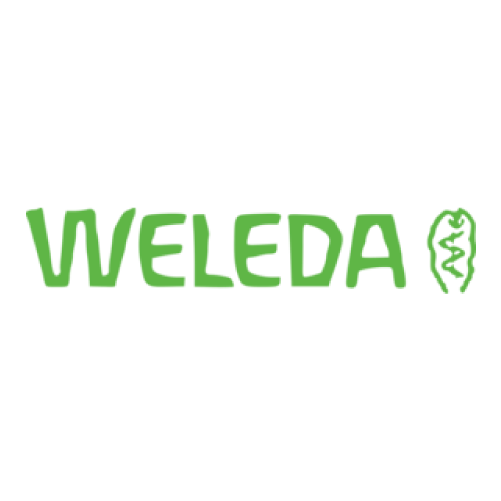 Green WELEDA text in a playful font, with a leaf-shaped symbol featuring a snake and staff design on the right, on a light gray background.