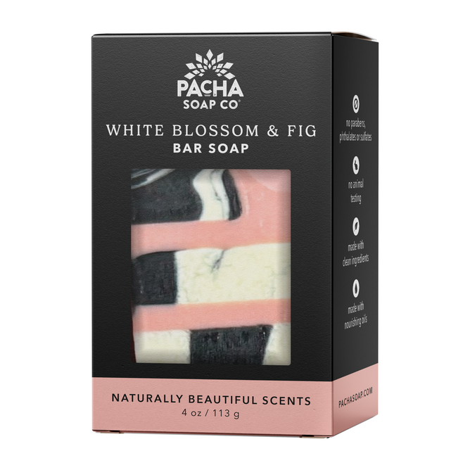 A box of Pacha Soap Co. Bar Soap with a window reveals the striped soap inside. The packaging notes natural ingredients and the weight of 4 oz (113 g).