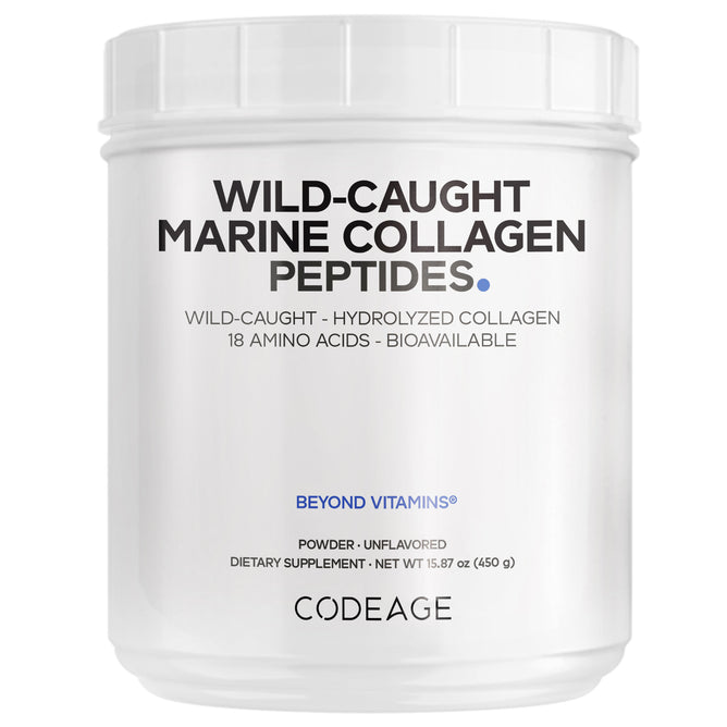 A white container labeled Codeage Wild Caught Marine Collagen Powder features hydrolyzed fish collagen, 18 amino acids, bioavailable, unflavored powder, and a net weight of 15.87 oz (450g).