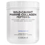 A white container labeled Codeage Wild Caught Marine Collagen Powder features hydrolyzed fish collagen, 18 amino acids, bioavailable, unflavored powder, and a net weight of 15.87 oz (450g).