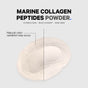 A powdery white substance, divided to show subtle color differences, is displayed with the text: Codeage Wild Caught Marine Collagen Powder. Hydrolyzed fish collagen – Non-GMO. A label notes: Natural color variation may occur.