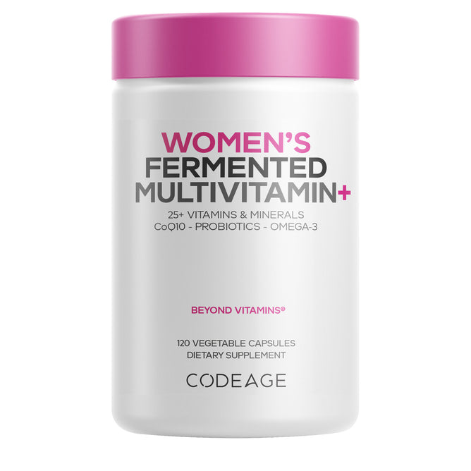 A white bottle with a pink lid labeled Codeage Women's Fermented Multivitamin+ Capsules contains 120 vegetable capsules and serves as a comprehensive women’s daily multivitamin with essential vitamins and minerals, CoQ10, probiotics, and omega-3.