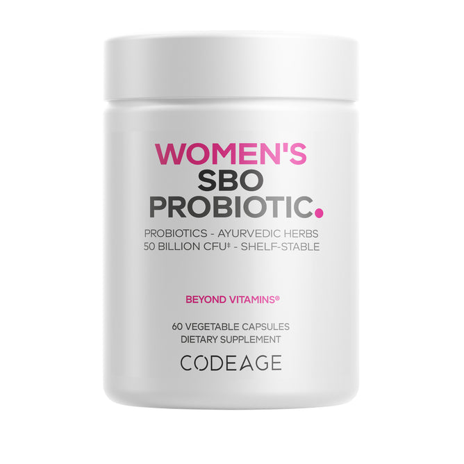 A white bottle labeled "Womens SBO Probiotic Capsules" by Codeage features mostly black text with pink accents. This shelf-stable supplement delivers 50 billion CFU+ per serving and contains 60 vegetable capsules. Specially formulated as feminine health probiotics, it combines probiotics for women with Ayurvedic herbs and botanicals for holistic support.