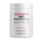 A white bottle labeled "Womens SBO Probiotic Capsules" by Codeage features mostly black text with pink accents. This shelf-stable supplement delivers 50 billion CFU+ per serving and contains 60 vegetable capsules. Specially formulated as feminine health probiotics, it combines probiotics for women with Ayurvedic herbs and botanicals for holistic support.