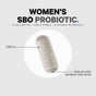 A single Codeage Womens SBO Probiotic Capsule, measuring 0.90 inches and displaying natural color variation, is labeled “Women’s SBO Probiotic” with 50 billion CFU and Ayurvedic botanicals—specially formulated as a Feminine Health Probiotic to support women’s wellness.