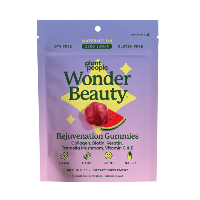 A resealable pouch of Plant People WonderBeauty Gummies, watermelon flavor. These collagen gummies are dye-free, gluten-free, sugar-free, and support hair, skin, and nails with benefits shown in easy-to-read icons on the package.