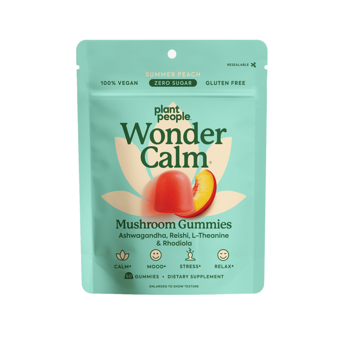 Teal pouch labeled "WonderCalm - Super Mushroom Gummies" by Plant People, summer peach flavor. This vegan, sugar-free, gluten-free product promotes mood support, stress relief, calm, and relaxation.