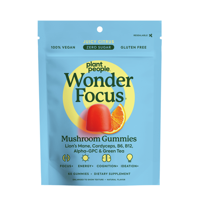 WonderFocus - Mushroom Gummies by Plant People come in a blue resealable pouch with images of a gummy and orange slice. The vegan, gluten-free gummies feature Lion's Mane extract and support focus, energy, and cognition.