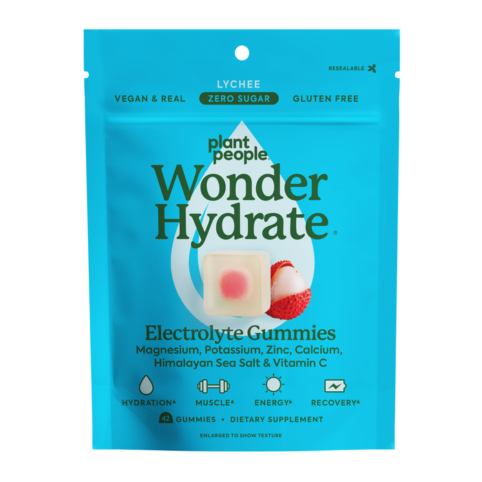 A blue resealable pouch of Plant People WonderHydrate Elecountrolyte Gummies in lychee flavor, featuring hydration benefits, zero sugar, gluten free, vegan, and real. The front shows a gummy and lychee fruit image.