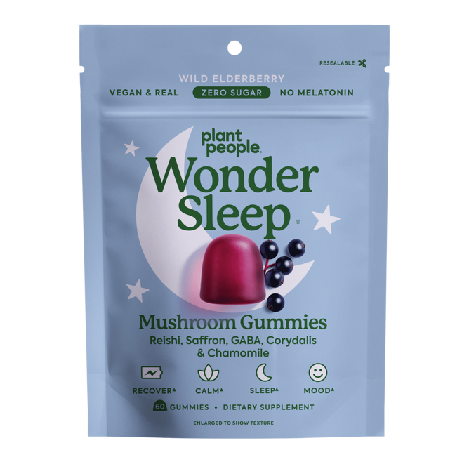 Plant People WonderSleep - Super Mushroom Gummies come in a resealable pouch with wild elderberry flavor and contain Reishi, saffron, and chamomile for restorative sleep, all without melatonin.