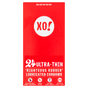 The red box of 24 XO! Ultra-Thin Righteous Rubber Condoms by Here We Flo promises a nearly naked feel, highlighting its sustainably sourced materials. The packaging endorses carbon neutrality, supports small farmers, and channels profits for people and planet benefits.