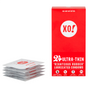 The red and white XO! Ultra-Thin Righteous Rubber Condoms box from Here We Flo contains 24 lubricated condoms crafted for a nearly naked feel, plus five individual packets. They emphasize reduced latex allergens, eco-friendly practices, and sustainably sourced rubber.