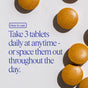 Six round brown Ora Organic Turmeric Curcumin Tablets on a light surface with text: “How to use: Take 3 tablets daily at anytime or spaced throughout the day.” Ideal curcumin supplement for joint comfort.