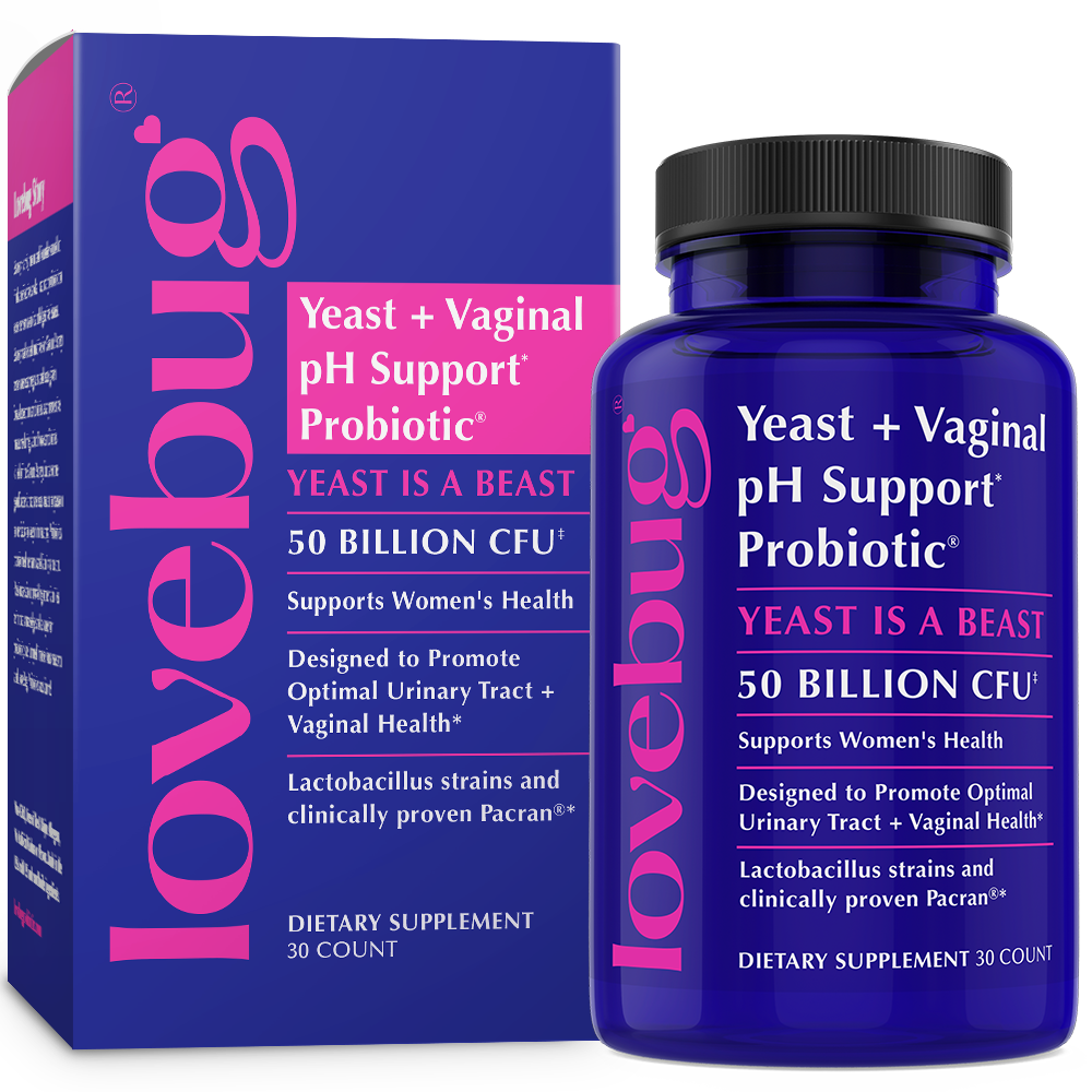 A purple bottle and box of Lovebug Womens Health Probiotic - Yeast and Vaginal pH Support (Yeast is a Beast), with white and pink text highlighting 50 billion CFU for women’s urinary tract and vaginal health.