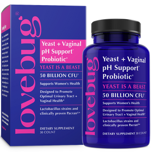 A purple bottle and box of Lovebug Womens Health Probiotic - Yeast and Vaginal pH Support (Yeast is a Beast), with white and pink text highlighting 50 billion CFU for women’s urinary tract and vaginal health.
