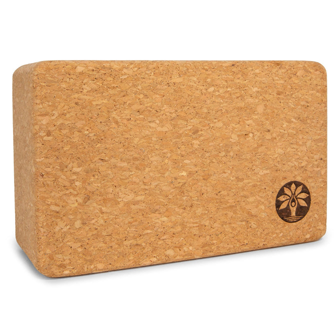 The Yoloha Yoga Cork Yoga Block features a rectangular design with rounded edges, an antimicrobial cork surface, and a small plant logo printed on one corner, providing reliable support for your yoga practice.