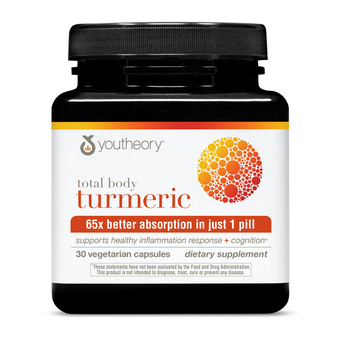 A black bottle of Youtheory Total Body Turmeric dietary supplement, featuring orange accents and containing 30 vegetarian capsules. The label highlights 65x better absorption and promotes inflammation support and cognitive function.