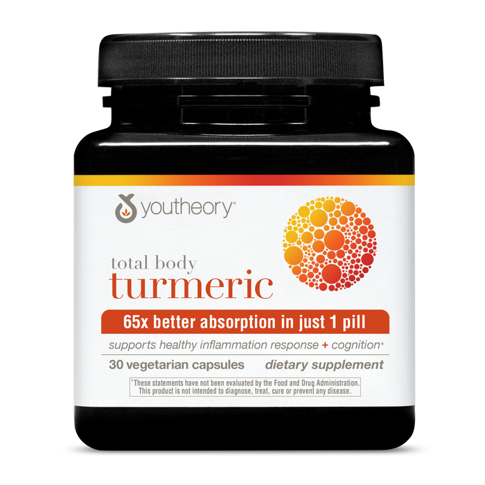 A black bottle of Youtheory Total Body Turmeric dietary supplement, featuring orange accents and containing 30 vegetarian capsules. The label highlights 65x better absorption and promotes inflammation support and cognitive function.