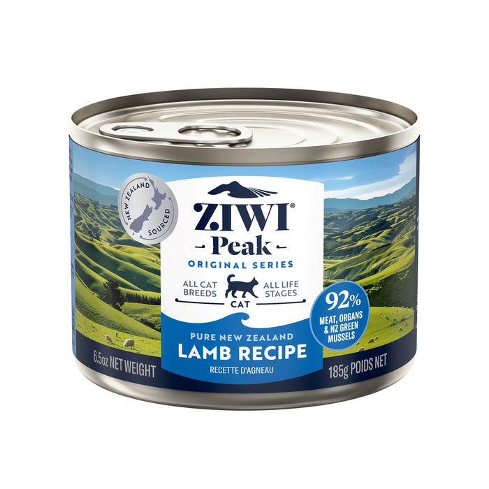 A 185g can of ZIWI Canned Wet Cat Food - Lamb, all natural, high protein, grain free, limited ingredient with superfoods; suitable for all cat breeds and life stages. Features product info and “92% meat, organs & mussels” claim.