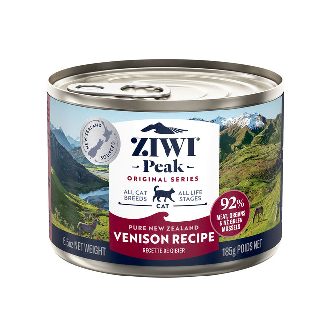 A 185g can of ZIWI Canned Wet Cat Food - Venison, All Natural, High Protein, Grain Free, Limited Ingredient with Superfoods. Suitable for all breeds and features 92% meat, organs & New Zealand Green Mussels.