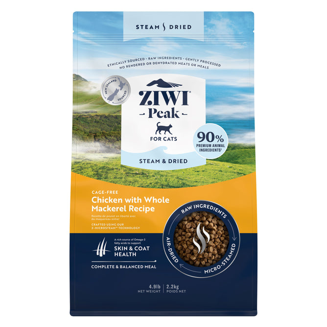 Front of a ZIWI Steam & Dried Cat Food bag: Cage-Free Chicken w/ Mackerel—high protein, low carb, supports skin & coat health for all life stages. Blue and yellow packaging.