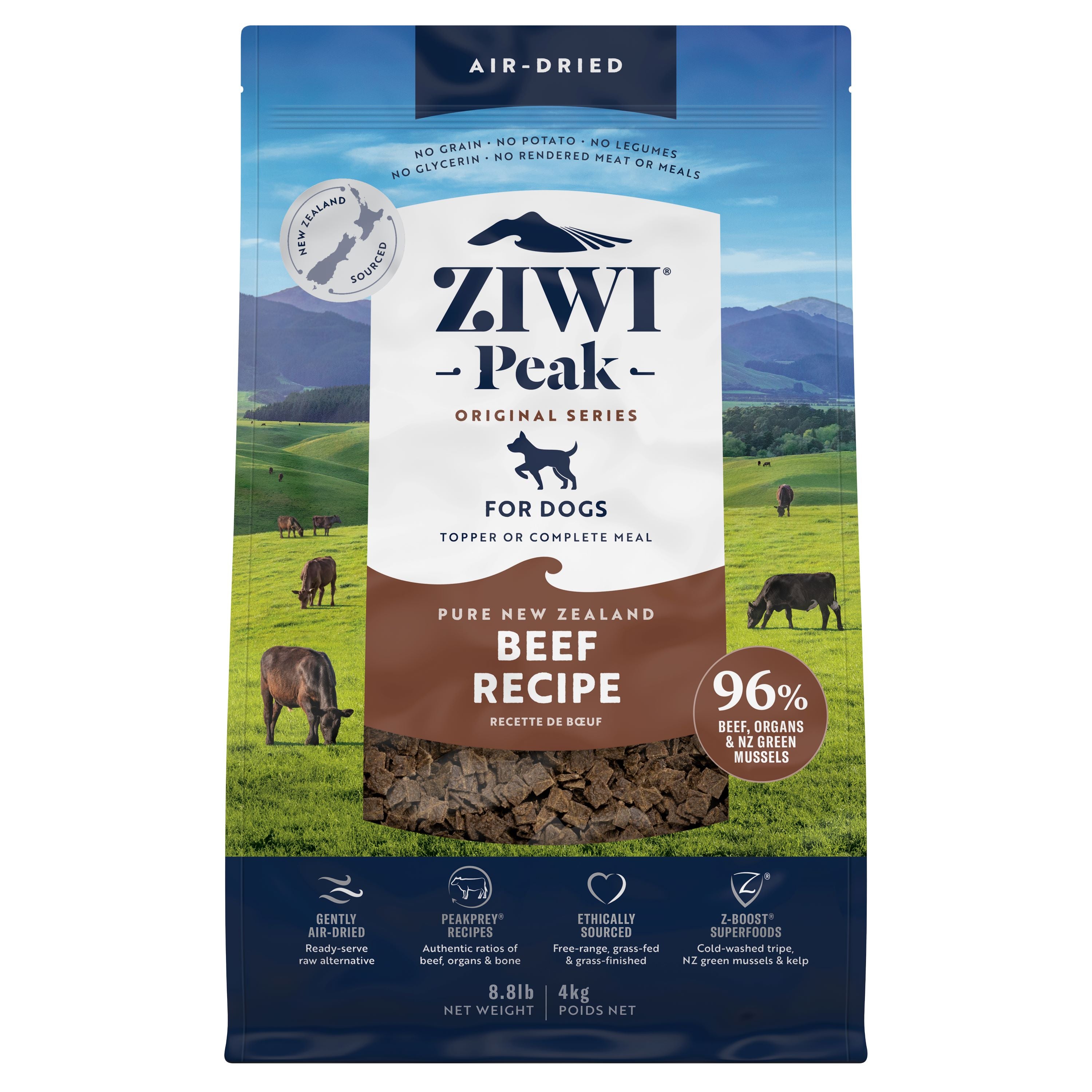 A bag of ZIWI Air-Dried Dog Food - Beef, All Natural, High Protein, Grain Free, Limited Ingredient with Superfoods. Features air-drying technology and contains 96% beef, organs & mussels from New Zealand.