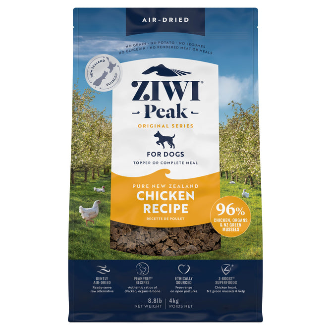 An 8.8 lb bag of ZIWI Air-Dried Dog Food - Chicken showcases 96% chicken, organs, and New Zealand green mussels. This all natural, high protein, grain free food features a limited ingredient recipe with superfoods.