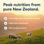 Three sheep graze on a hillside at sunset, evoking New Zealand’s purity. ZIWI Steam & Dried Cat Food - Wild South Fish offers high protein, low carb, and supports skin and coat health for cats of all life stages.