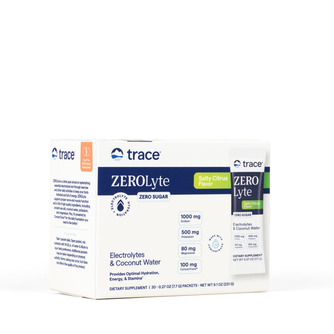 A box of Trace Minerals ZeroLyte sodium and electrolyte drink mix, salt citrus flavor, with product details and nutrition facts for optimal hydration displayed on a white background.