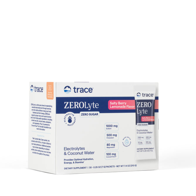 A box of Trace Minerals ZeroLyte in Salty Berry Lemonade flavor offers zero sugar hydration with coconut water and electrolytes for energy and muscle function. The packaging features dosage details and key benefits.