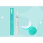 The Zimba On-the-Go Kit includes a teeth whitening pen, an LED light mouthpiece with a teal case, and comes in a stylish teal box, all displayed on a light blue background with white star accents.