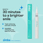 A Zimba Whitening Pen and its packaging are displayed on a blue background, with text highlighting 30-minute whitening, professional results, stain removal, and long-lasting effects.