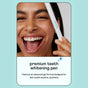 A smiling woman holds a Zimba Whitening Pen near her face. Text reads: Zimba Whitening Pen—advanced gel formula for fast, professional teeth whitening results anytime, anywhere.