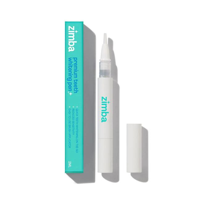 A Zimba Whitening Pen with a clear cap is displayed beside its rectangular turquoise box, labeled with the brand name and product title in white and blue text.